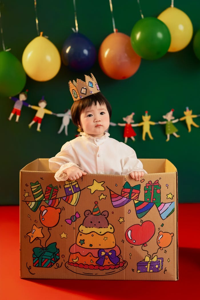 Child enjoying a colorful birthday celebration with balloons and decorations.